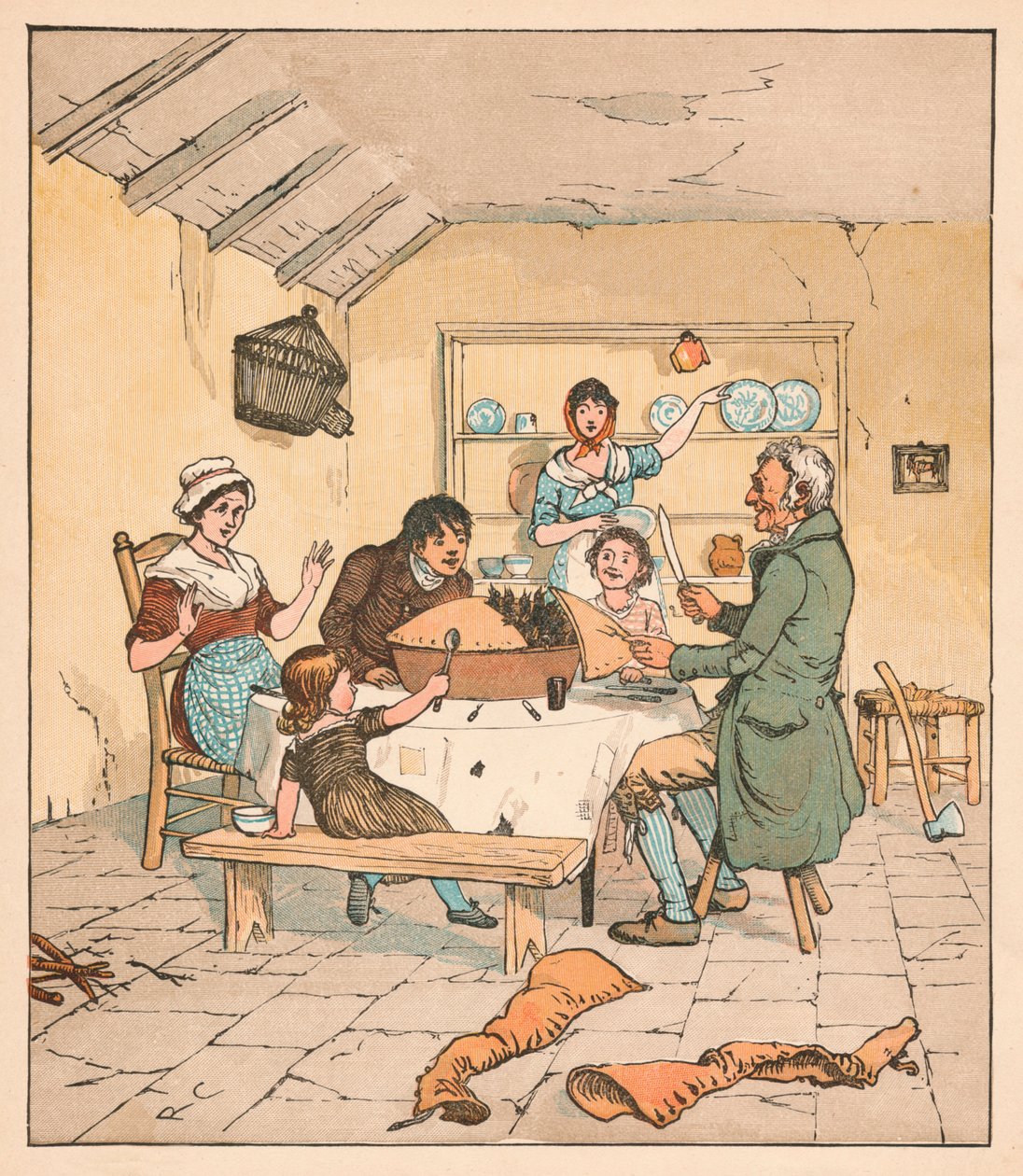 När pajen öppnades började fåglarna att sjunga, 1880. av Randolph Caldecott