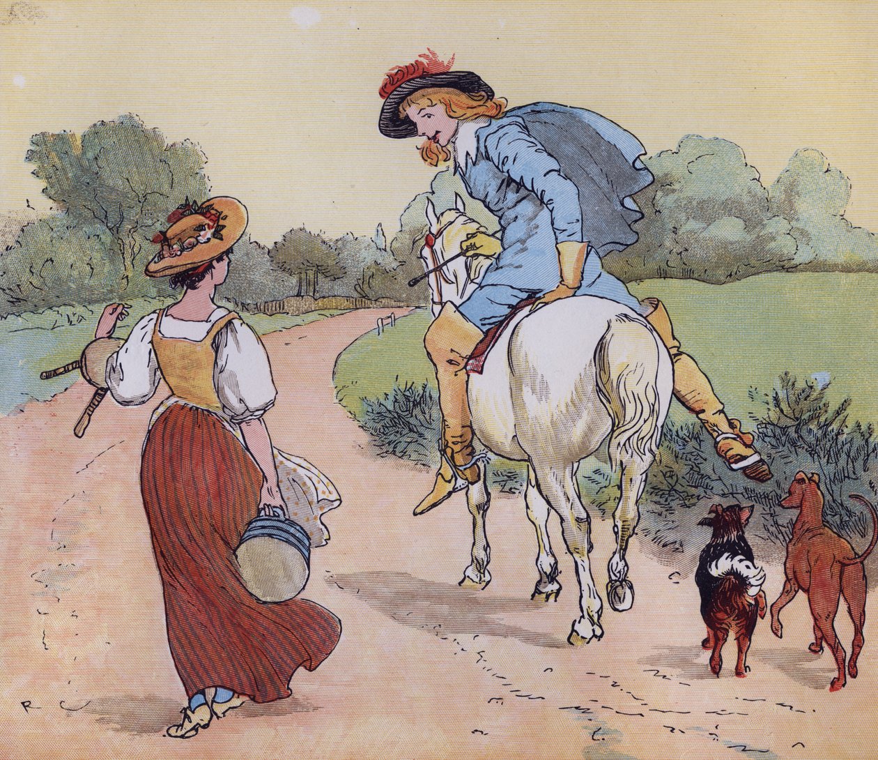 Vart är du på väg, min vackra piga? Illustration av Randolph Caldecott för Nursery Rhyme 