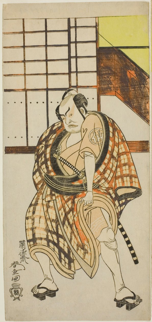 Skådespelaren Nakamura Sukegoro II som Sasano Sangobei i del två av pjäsen Iro Moyo Aoyagi Soga (Green Willow Soga of Erotic Design), framförd på Nakamura Theatre i den andra månaden, 1775 av Rantokusai Shundo