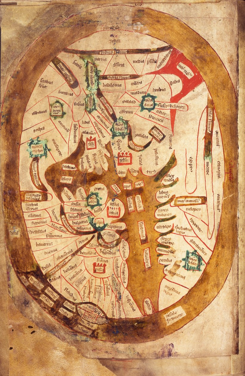 Ms.89 Higden fol.13v Karta över världen (bläck på veläng) av Ranulf Higden