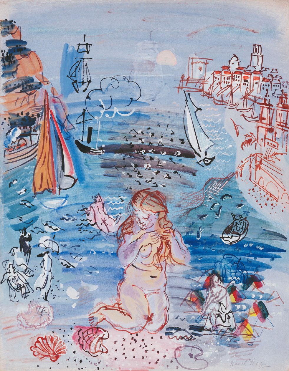 Amphitrite i Marseilles hamn; Amphitrite dans le Port de Marseille, ca 1927-30 (akvarell och gouache på papper upplagt på tjockt kort) av Raoul Dufy