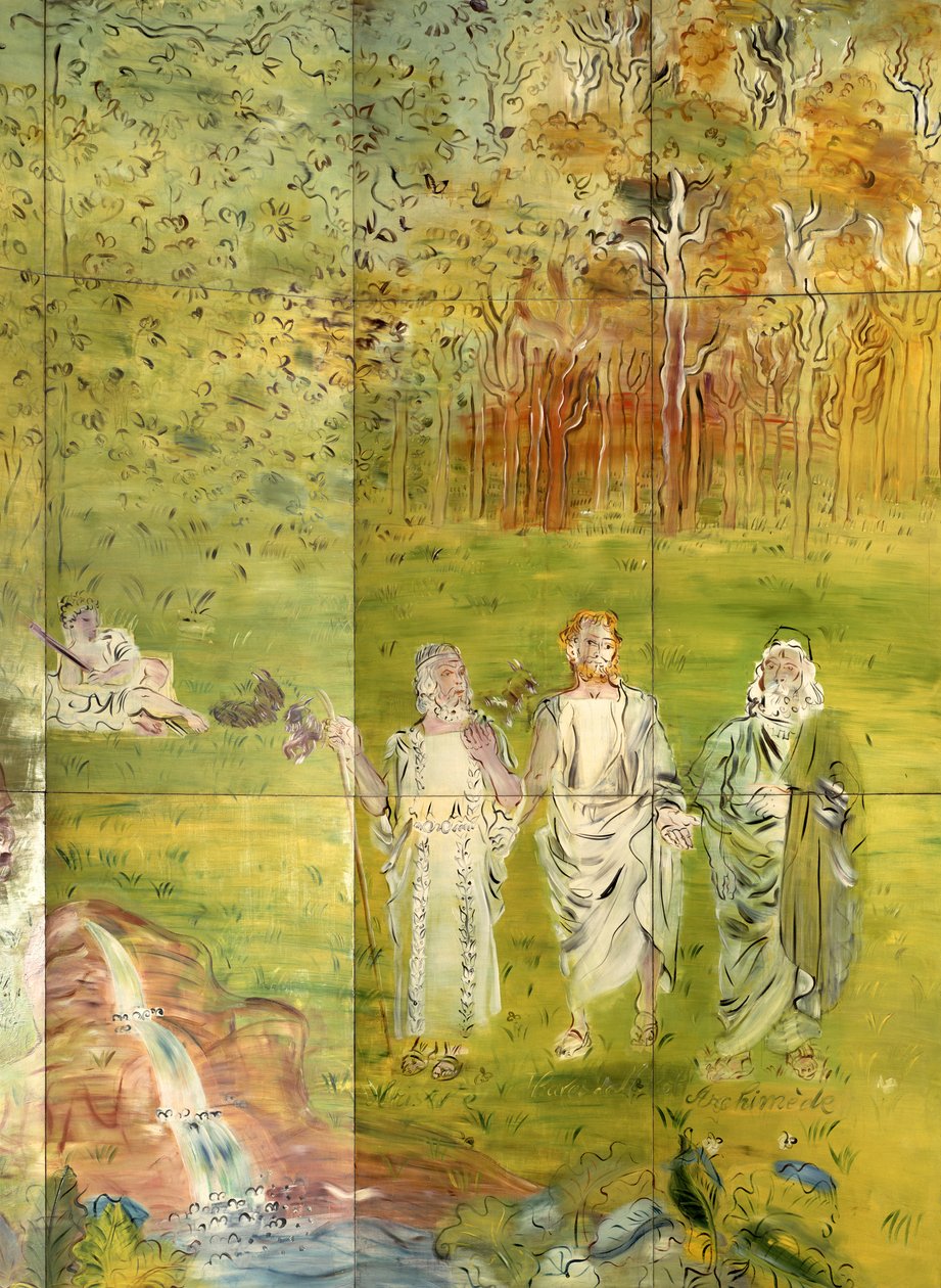 Arkimedes (287-212 f.Kr.), Thales (625-547 f.Kr.) och Aristoteles (384-322 f.Kr.) från "La Fee Electricite av Raoul Dufy