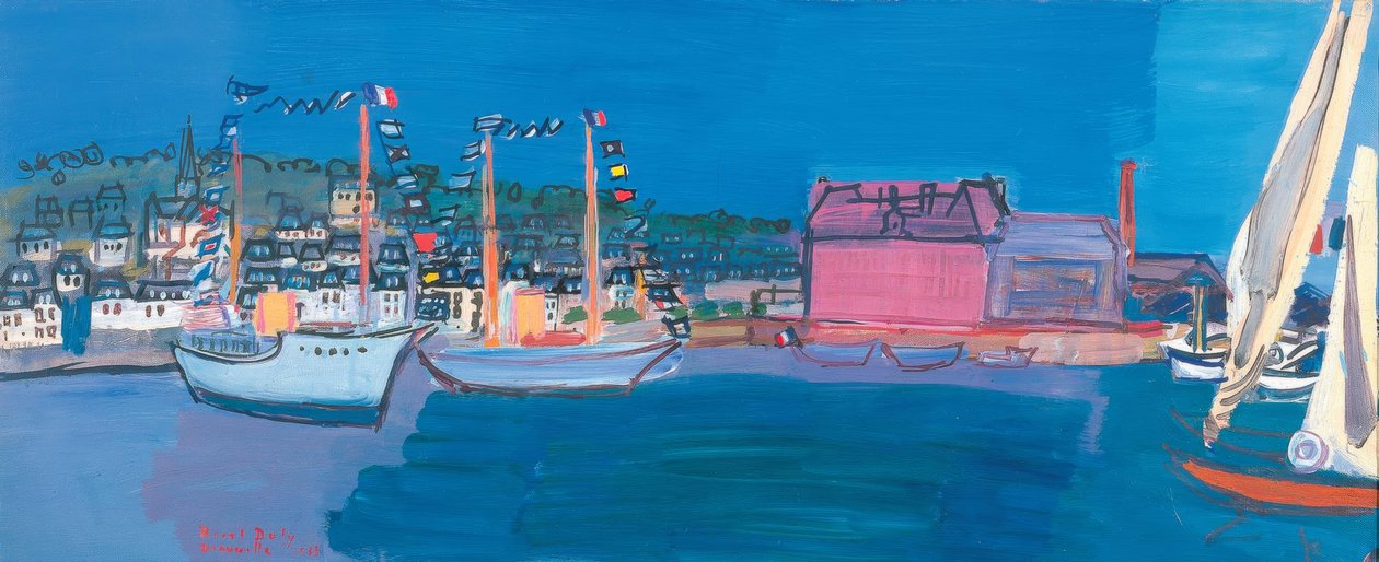 Båtar hav små flaggor hus liten hamn docka segel av Raoul Dufy