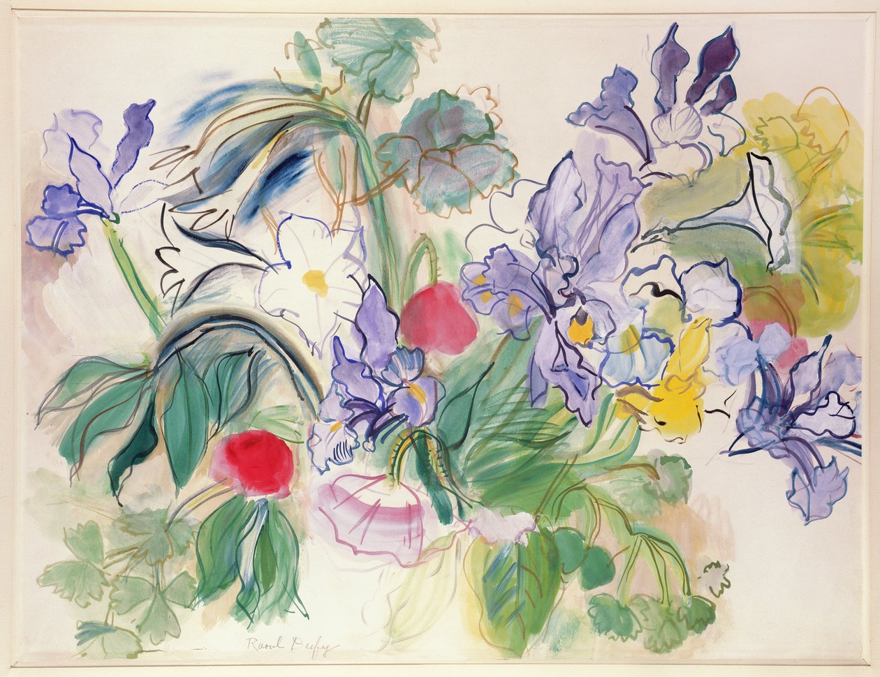 Bukett av iris och röda vallmo, ca 1948 (akvarell på papper) av Raoul Dufy