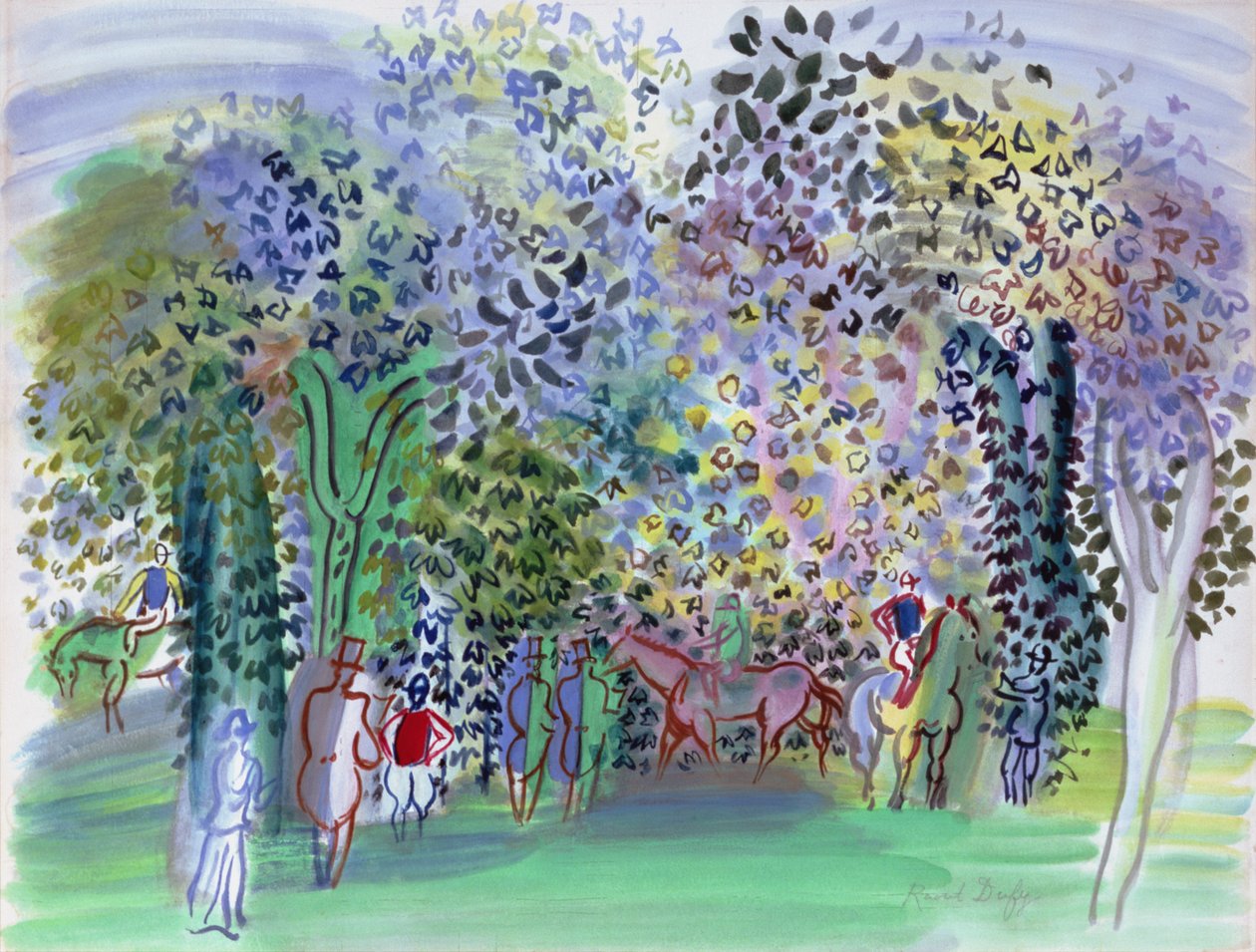 Hästar och jockeys under träden, ca 1930-1 (akvarell) av Raoul Dufy