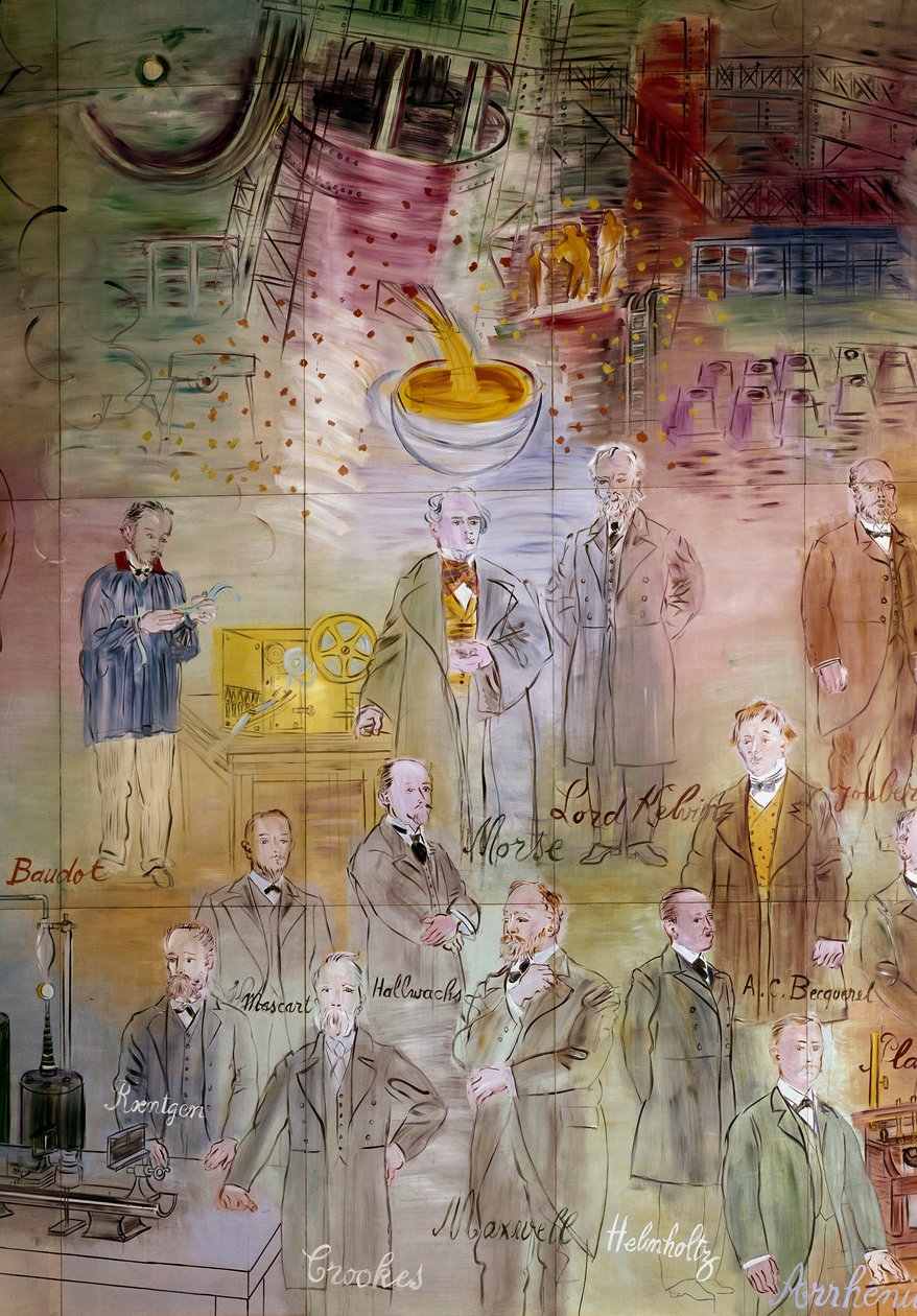 La Fee Electricite, detalj: Porträtt av Emile Baudot, Samuel Morse, William Thomson (Lord Kelvin), Jules Francois Joubert, Wilhelm Conrad Rentgen, Eleuthere Mascart, Wilhelm Hallwachs, Henri Becquerel, William Crookes, James Clerk Maxwell, Hermann von Hel av Raoul Dufy