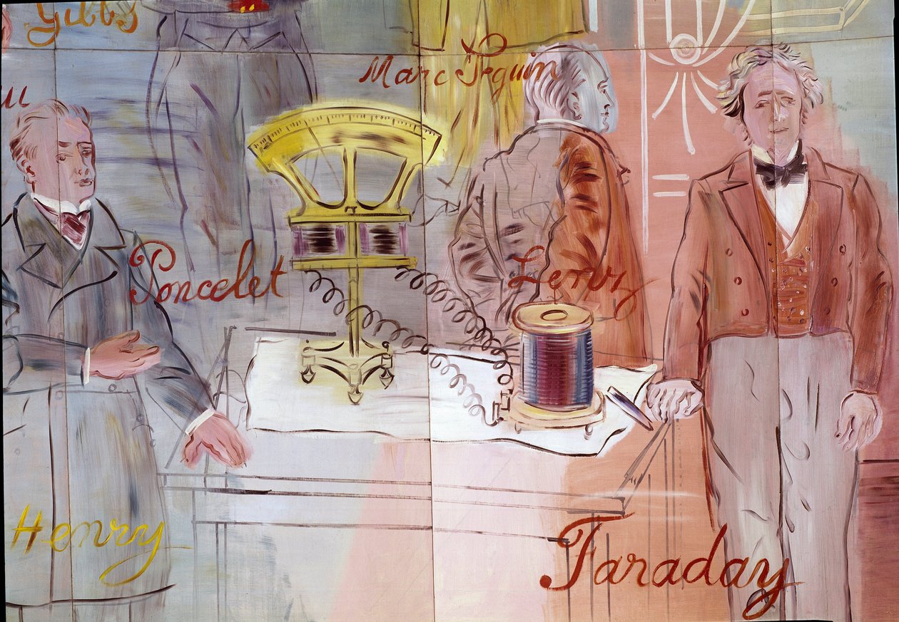 La Fee Electricite, detalj: Porträtt av Jean Victor Poncelet, Marc Seguin, Michael Faraday. 1937 (målning) av Raoul Dufy