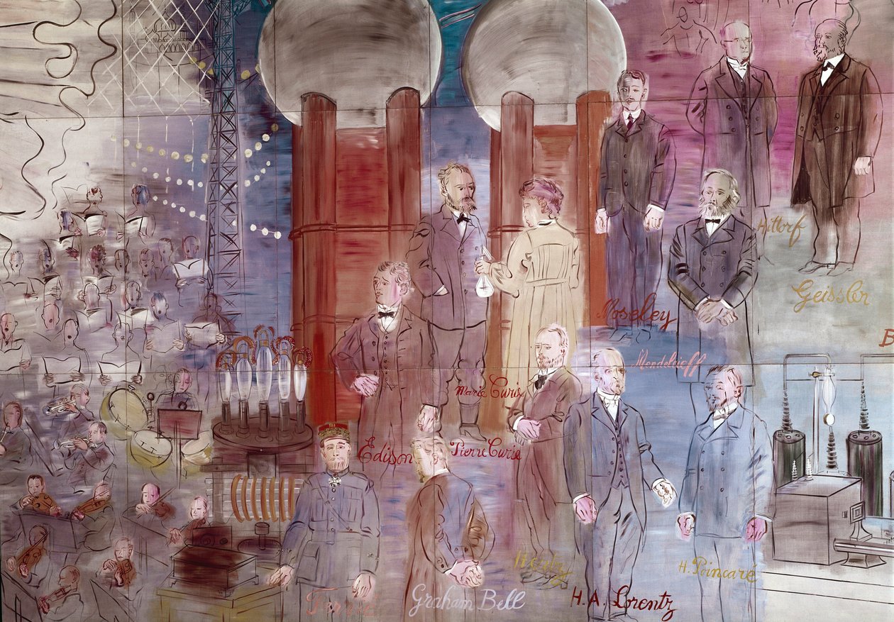 La Fee Electricite, detalj: Porträtt av Johann Wilhelm Hittorf, Heinrich Geissler, Henry Moseley, Pierre Curie, Marie Curie, Dmitrij Mendelee, Thomas Edison och Graham Bell. 1937 (målning) av Raoul Dufy