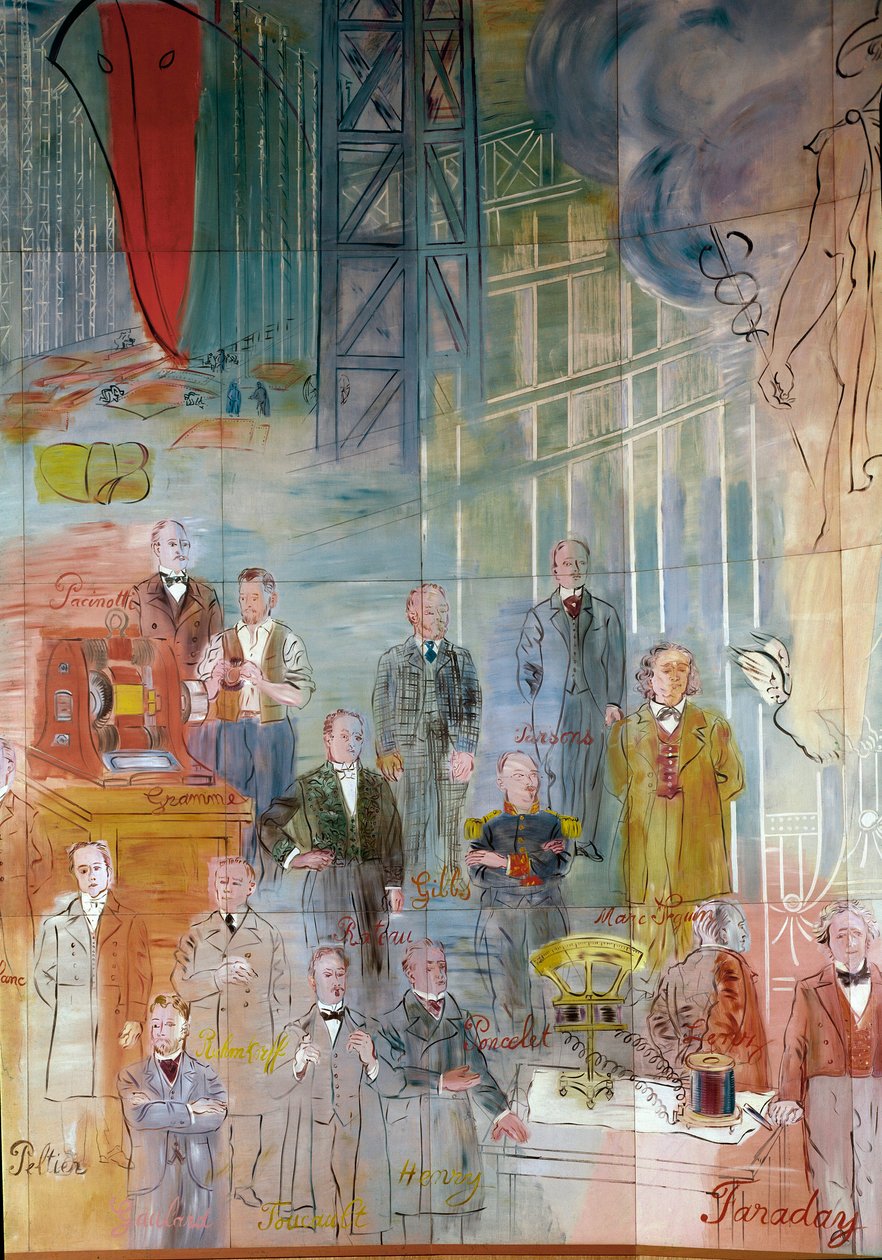 La Fee Electricite, detalj: Porträtt av olika intellektuella och vetenskapsmän: Antonio Pacinotti, Zenobe Gram, Josiah Willard Gibbs, Charles Algernon Parsons, Marc Seguin, Auguste Camille Rateau, Jean Victor Celet och Michael Faraday. 1937 (målning) av Raoul Dufy