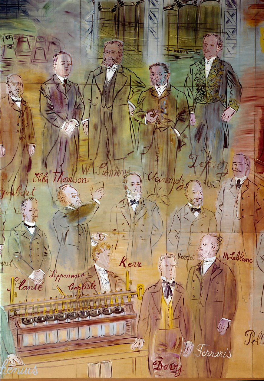 La Fee Electricite, detalj: Porträtt av olika intellektuella och vetenskapsmän: Jules Francois Joubert, Elihu Thomson, Ernst Werner Siemens, Charles Proteus Steinmetz, Marcel Deprez, Gaston Plante, Gabriel Lippmann, John Kerr, Maurice Leblanc, Humphrey Da av Raoul Dufy
