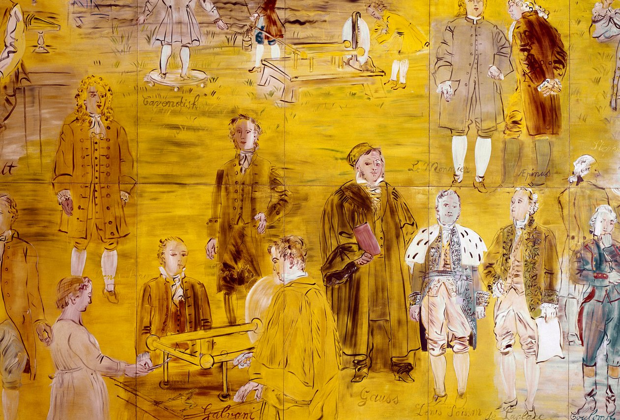 La Fee Electricite, detalj: Porträtt av olika vetenskapsmän: Henry Cavendish, Le Monnier, Franz Aepinus, Denis Papin, Joseph Priestley, Luigi Galvani, Carl Friedrich Gauss, Simeon-Denis Poisson, Pierre Simon de Laplace och Charles de Coulomb. 1937 (färg av Raoul Dufy