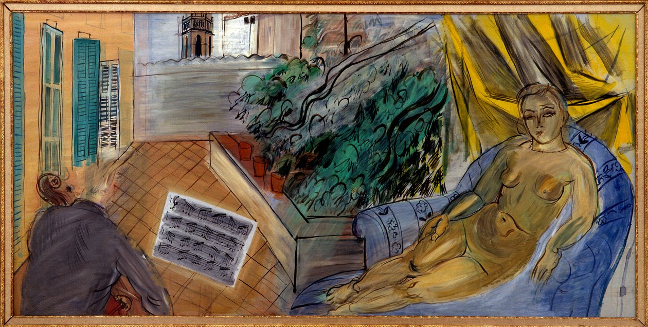 Naken till uteplatsen. Man spelar cello framför ett partitur och nära honom lyssnar en naken kvinna på honom av Raoul Dufy