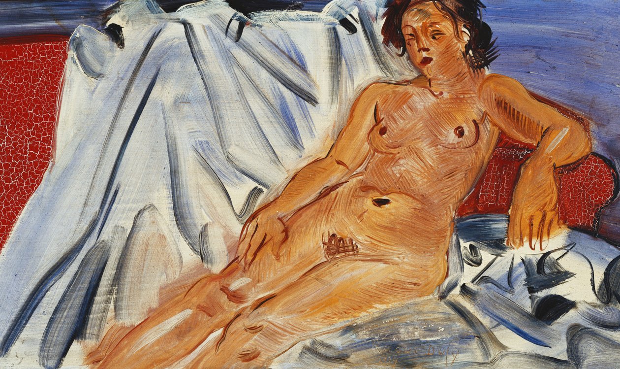 Liggande naken på röd soffa; Nu Couche sur Canape Rouge av Raoul Dufy