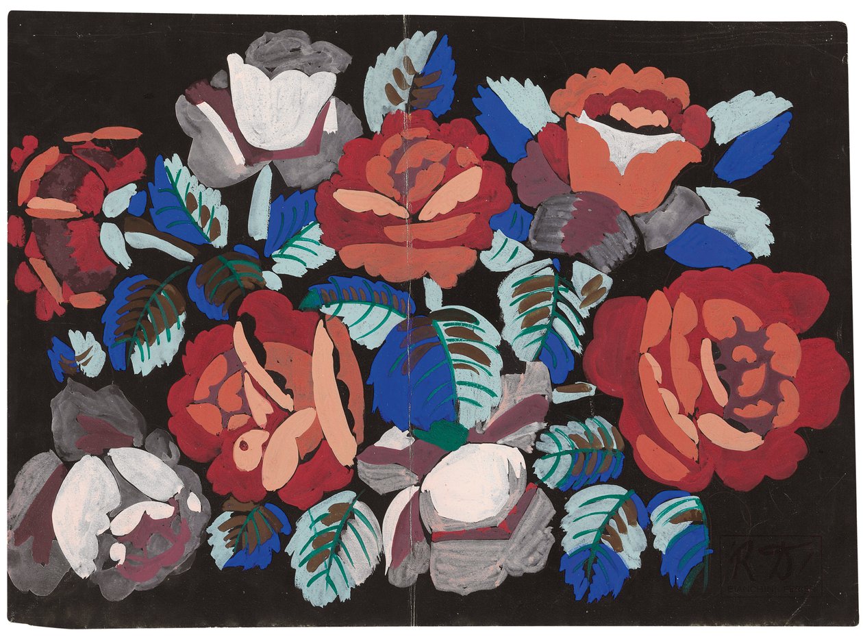Röda och rosa rosor (gouache på svart grundat papper) av Raoul Dufy