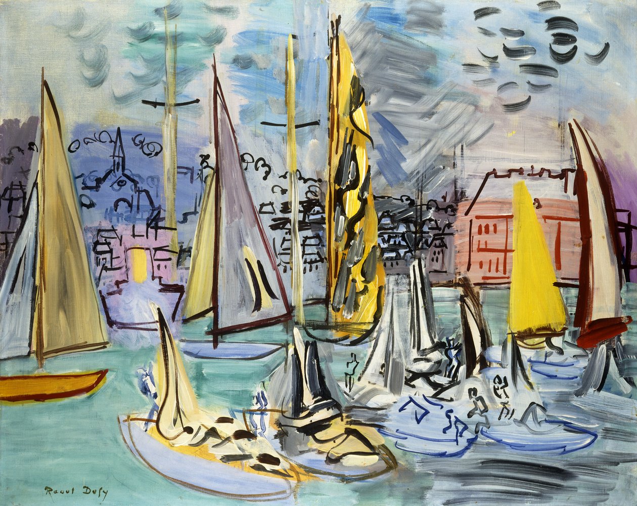 Seglande båtar i hamnen i Deauville; Voiliers dans le Port de Deauville av Raoul Dufy