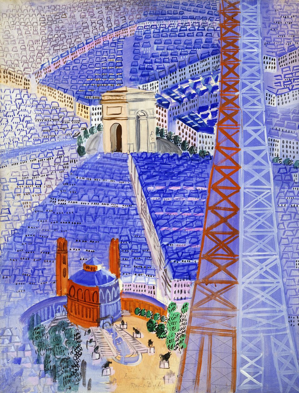 Eiffeltornsprojektet för Beauvaistapeten; La Tour Eiffel, Projet pour la Tapisserie de Beauvais, ca 1929-1930 (gouache på papper) av Raoul Dufy
