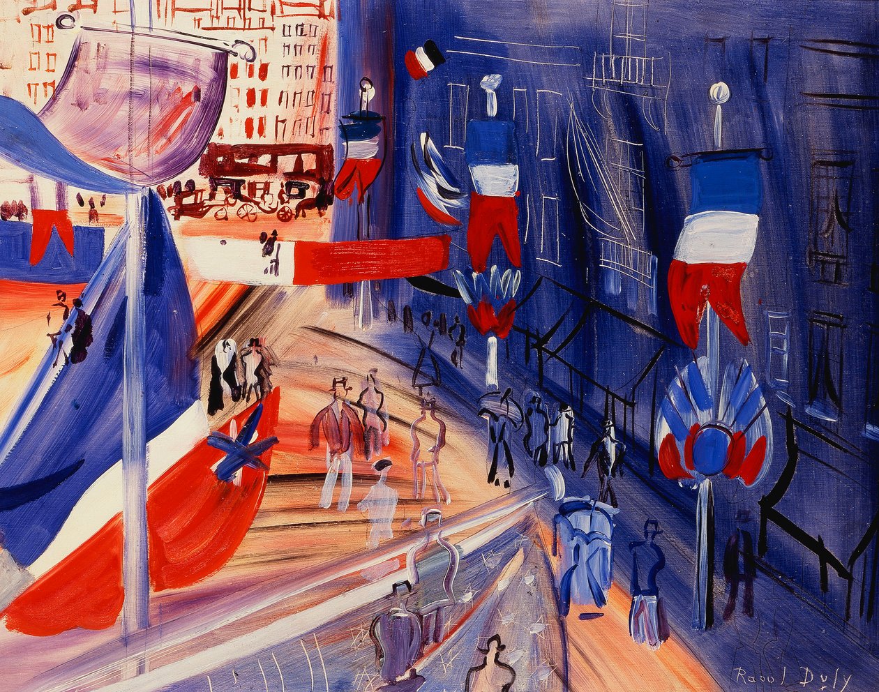 Gatan översköljd av amerikanska banderoller; La rue Pavoisee a la Banniere Americaine, ca 1930 (olja på hård kartong) av Raoul Dufy