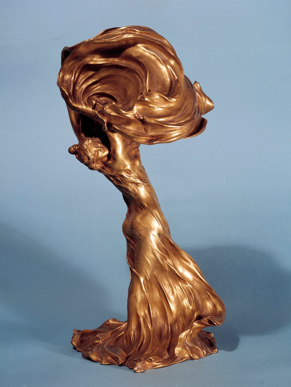 Lampstativ som representerar den amerikanska dansaren Loie Fuller (1862-1928) tillverkad av Francois Raoul Larche (1860-1912) 1900 Paris, dekorativ konst av Raoul Francois Larche