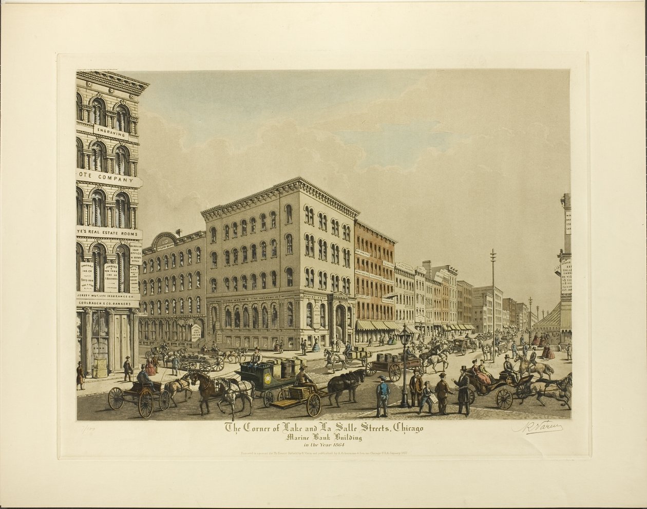 Corner of Lake and La Salle Streets, Chicago, Marine Bank Building år 1864 av Raoul Varin