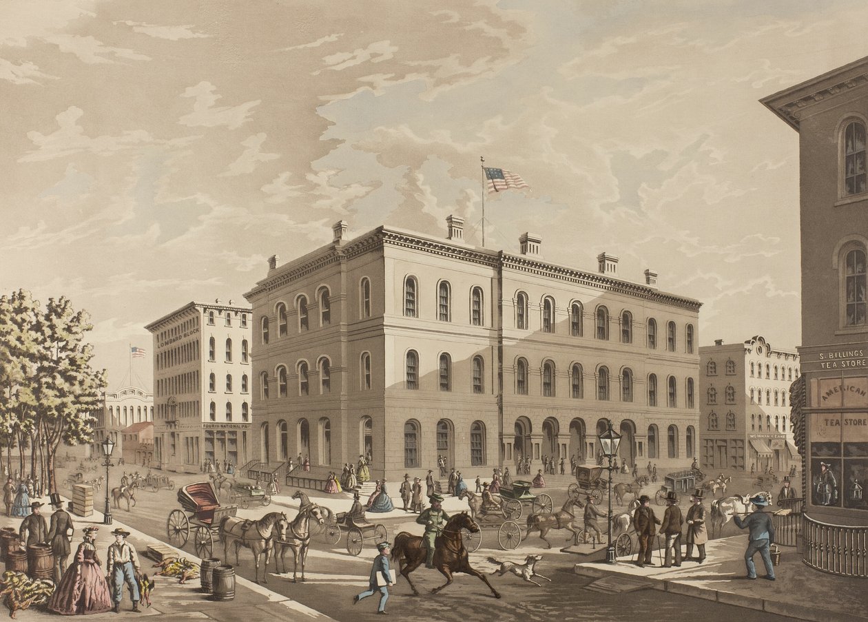 N.W. Corner of Dearborn and Monroe Streets, Chicago, visar postkontorsbyggnaden år 1865 av Raoul Varin