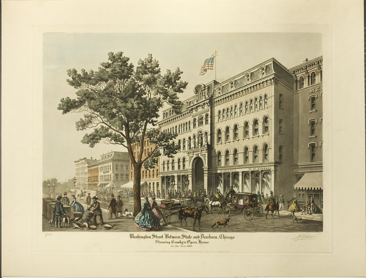Washington Street mellan State och Dearborn, Chicago, visar Crosbys operahus år 1864 av Raoul Varin