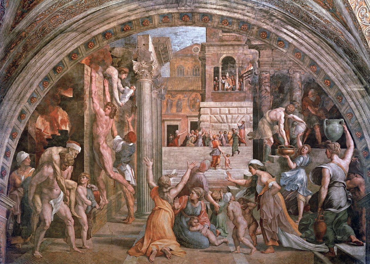 Eld i Borgo, från Stanza dellIncendio (Hall of Fire) c.1514-17 av Raphael and Giulio Romano
