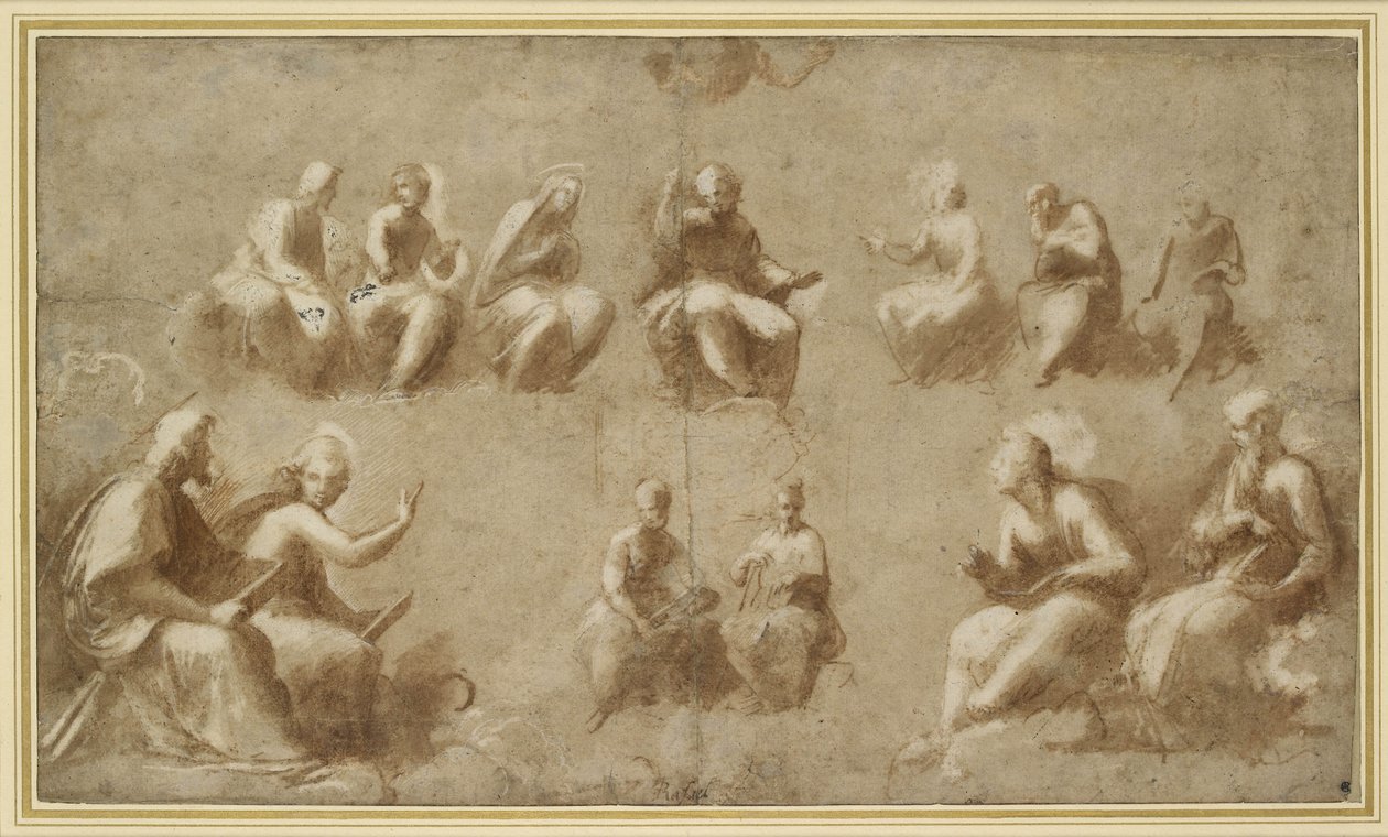 Christ and the Saints in Glory (Study for the Disputa) (penselteckning i brunt bläck) av Raffaello Sanzio Raphael