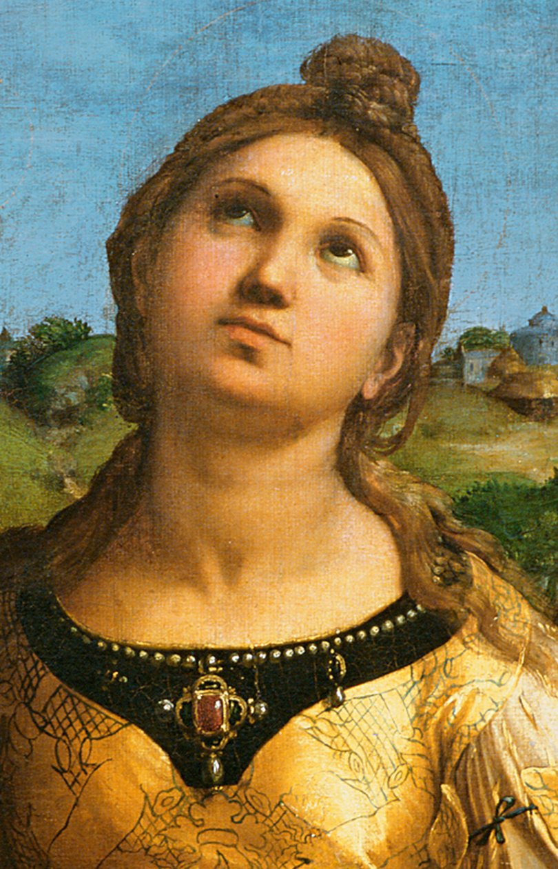 Detalj från den heliga Cecilia omgiven av den heliga Paulus, Johannes evangelisten, Augustinus och Maria Magdalena, omkring 1513. av Raffaello Sanzio Raphael