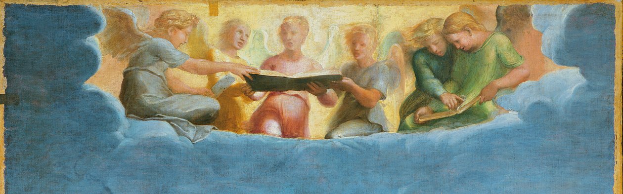 Detalj av den heliga Cecilia omgiven av den helige Paulus, den helige Johannes evangelisten, den heliga Augustinus och Maria Magdalena, ca 1513 av Raffaello Sanzio Raphael