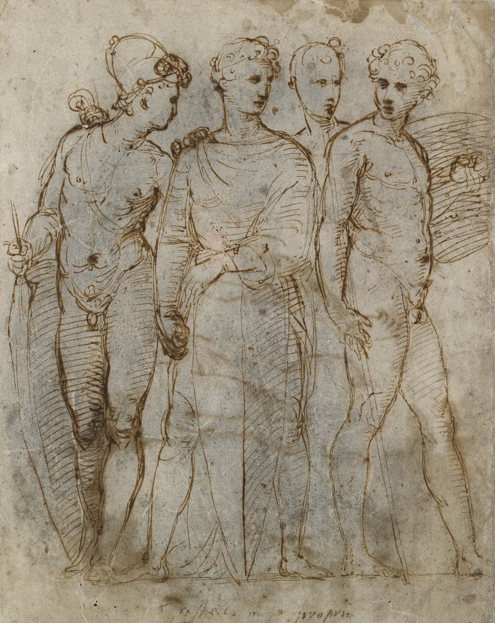 Grupp av krigare (med Donatellos Sankt Georg i Orsanmichele i mitten) (penna och brunt bläck på vitt papper) av Raffaello Sanzio Raphael