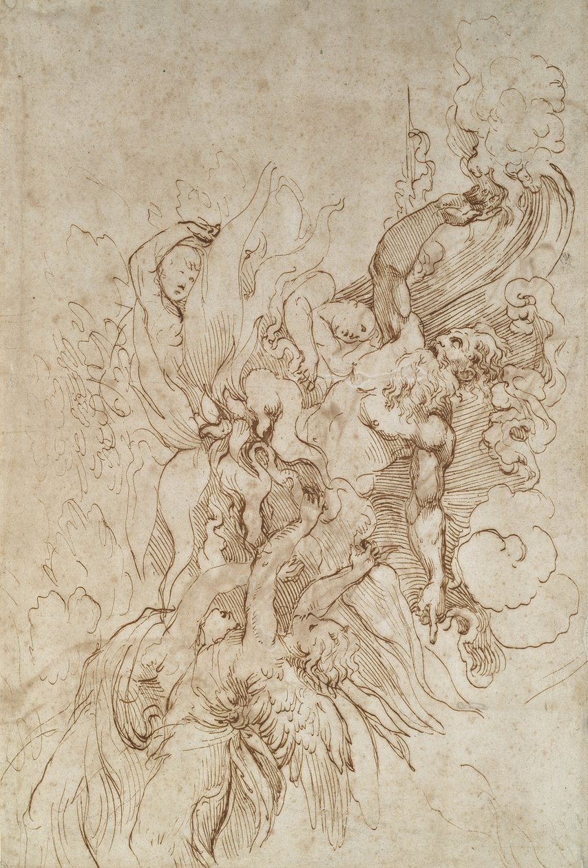 Jehova i ett flammande moln med änglar (recto) (penna och brunt bläck på benvitt papper) av Raffaello Sanzio Raphael