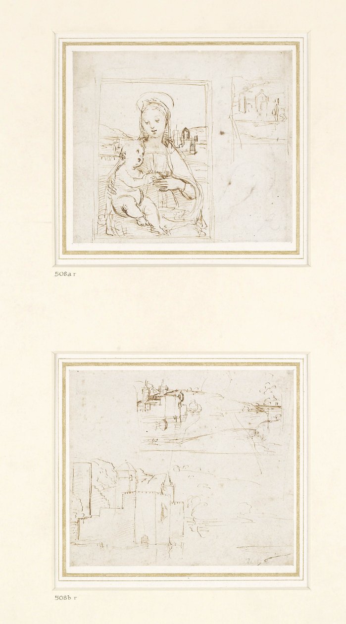 Landskapsskiss med en kort studie av Jungfru Marias huvud vänt åt vänster, 1500-1504 (penna och brunt bläck över metallspets på vitt papper) av Raffaello Sanzio Raphael
