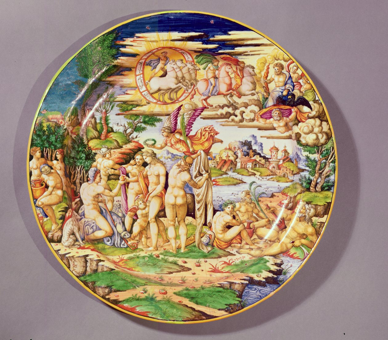 Stort fat som föreställer domen i Paris, gjort på Atelier de Faenza (keramik) av Raffaello Sanzio Raphael