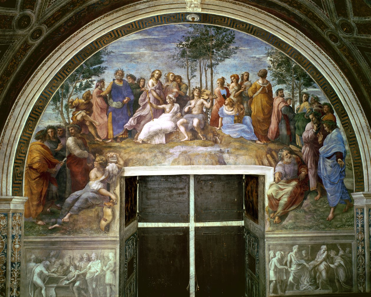 Parnassus, från Stanza della Segnatura, 1510-11 (se även 16879) av Raffaello Sanzio Raphael