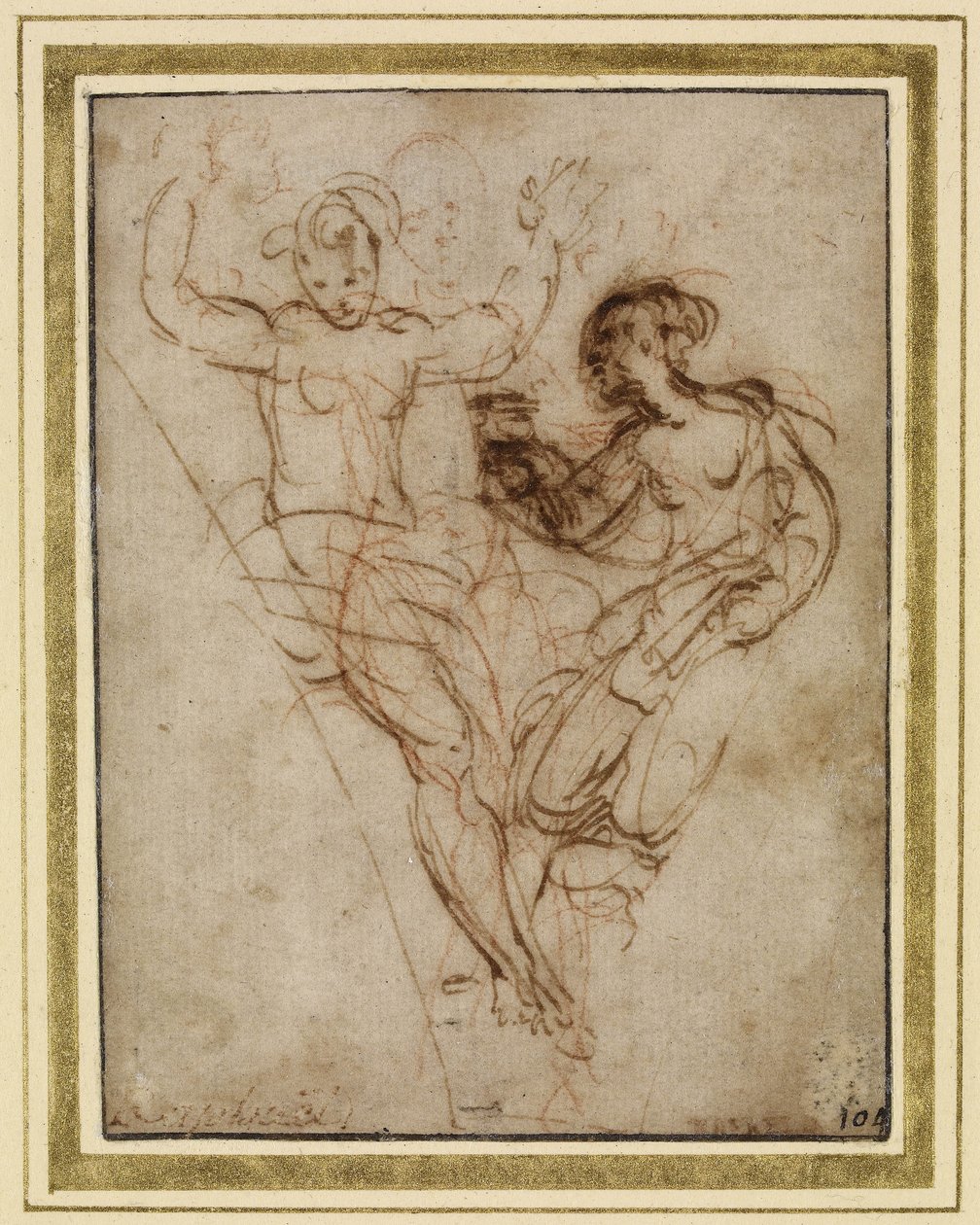 Psyche presenterar för Venus vasen av Proserpine (penna och brunt bläck över röd krita på brunaktigt papper) av Raffaello Sanzio Raphael