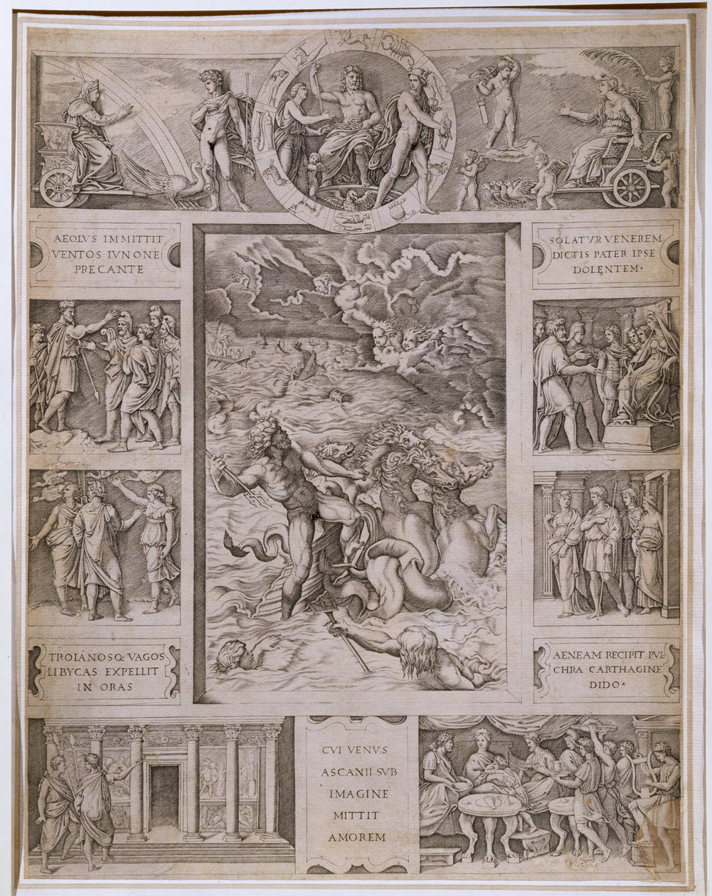 Quos Ego, Neptune Calming the Storm, med kanter som visar ytterligare scener från Virgils 