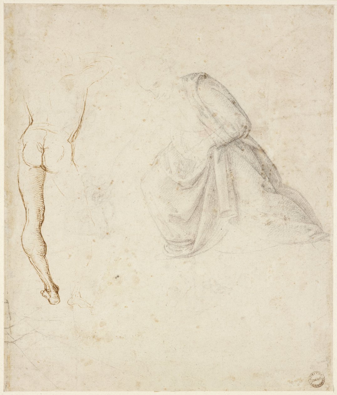 Recto: Bakifrån av en stående man, efter Signorelli; draperiet av en knästående figur, WA1846.145 av Raffaello Sanzio Raphael
