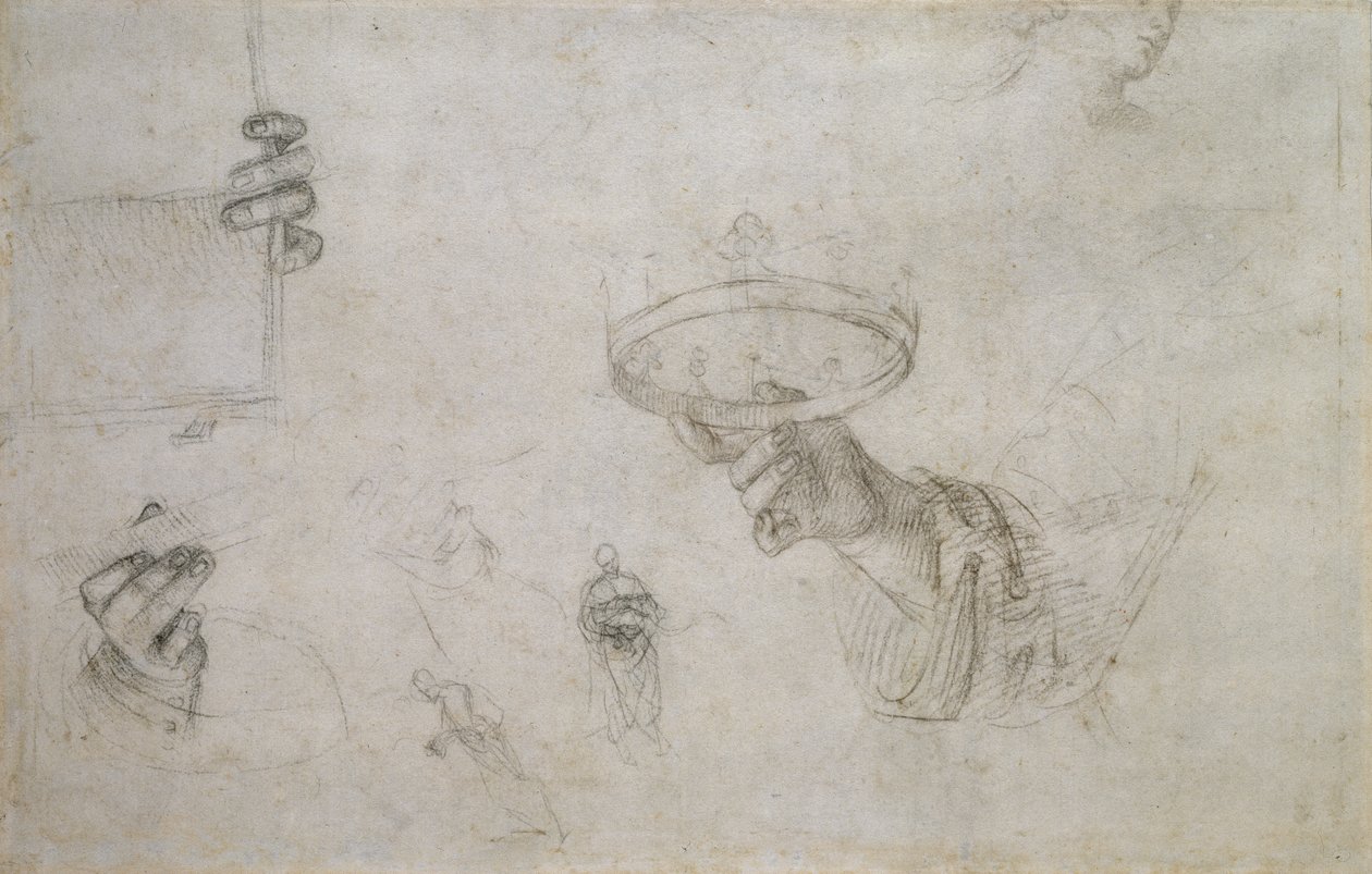 Recto: Hand som håller en krona och andra studier för kröningen av St Nicholas of Tolentino, WA1846.148 av Raffaello Sanzio Raphael