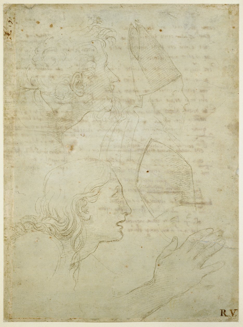 Recto: Studier av ett huvud och en hand. Verso: Grovt utkast till sonetterna "Come non podde dir" och "Amor tu m"envesscati", WA1846.187 av Raffaello Sanzio Raphael