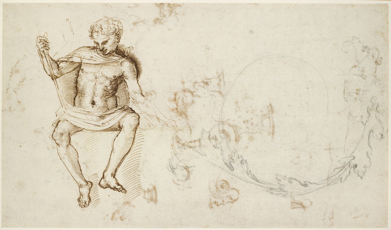 Recto: Studies of a sitting man, and of acanthus foliage , WA1846.147 av Raffaello Sanzio Raphael