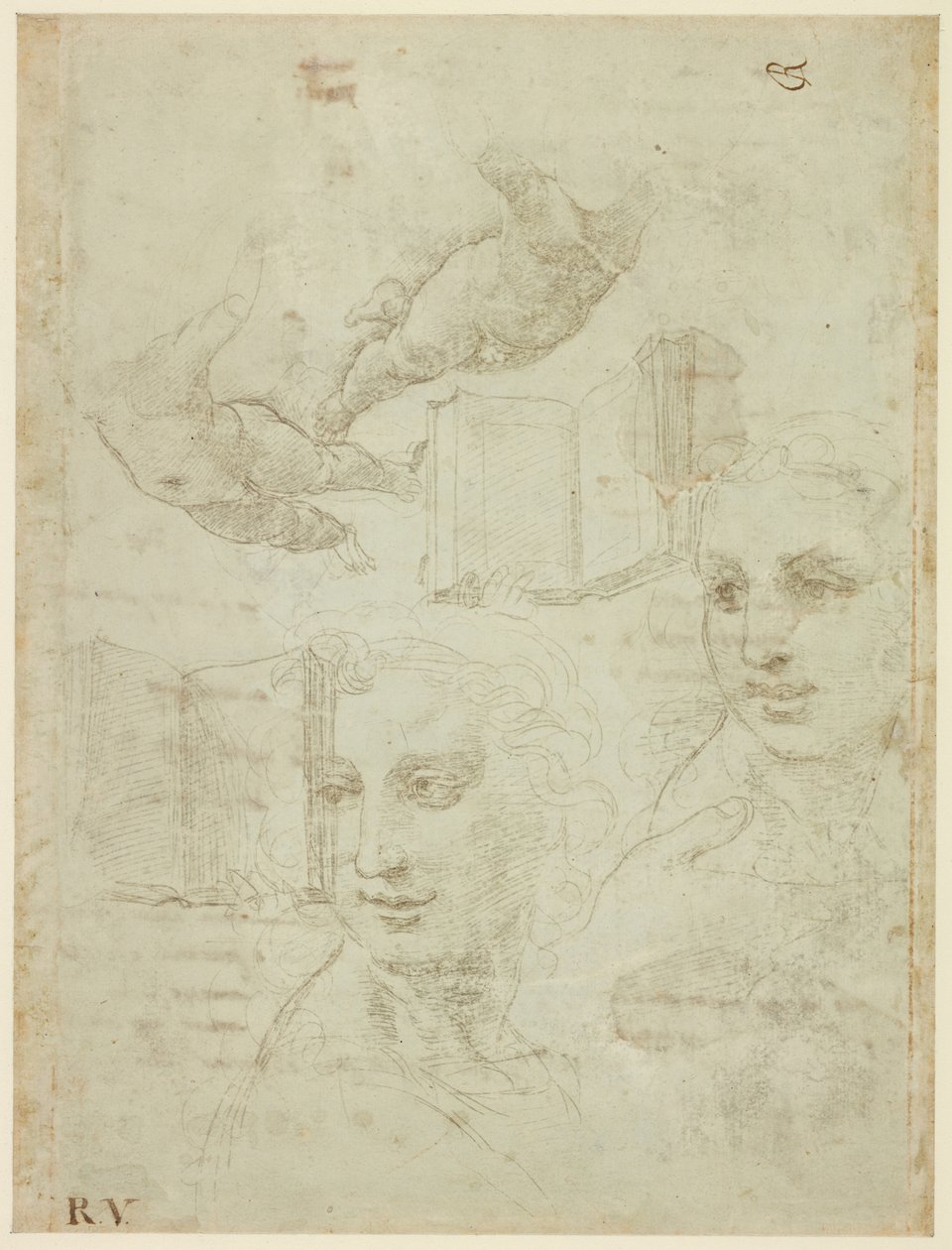 Recto: Två huvuden och andra studier. Verso: Grovt utkast till sonetten "Come non podde dir", WA1846.188 av Raffaello Sanzio Raphael