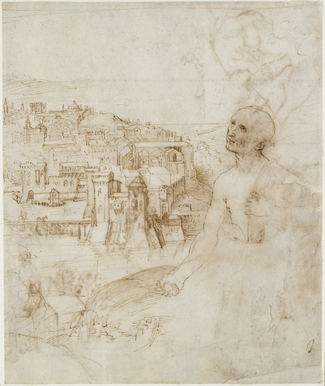 Recto: Utsikt över staden Perugia, med den botfärdige St Jerome i förgrunden, WA1846.10 av Raffaello Sanzio Raphael