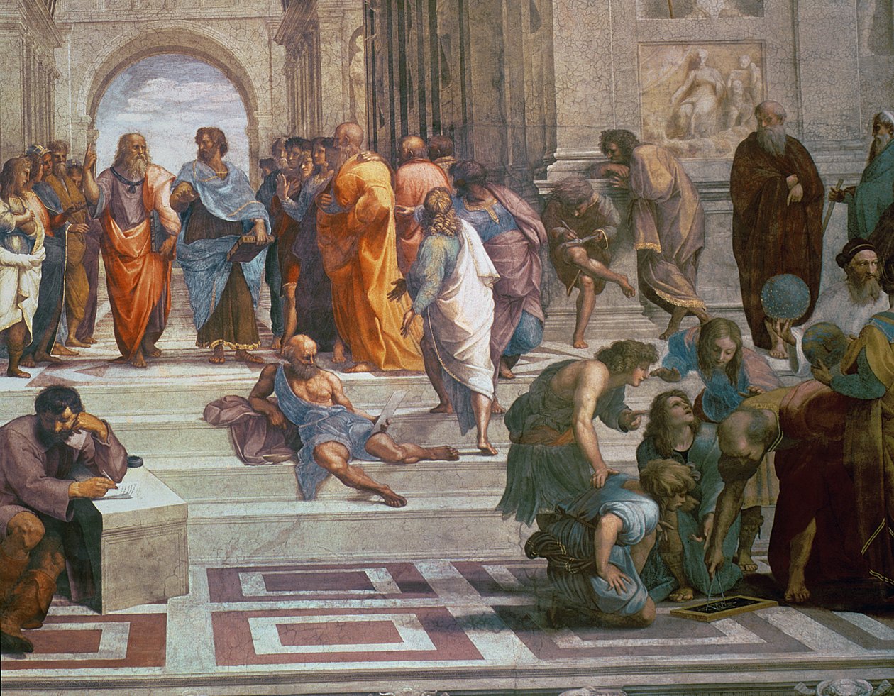 School of Athens, detalj från höger sida som visar Diogenes på trappan och Euclid, 1510-11 freskdetalj av 472 av Raffaello Sanzio Raphael