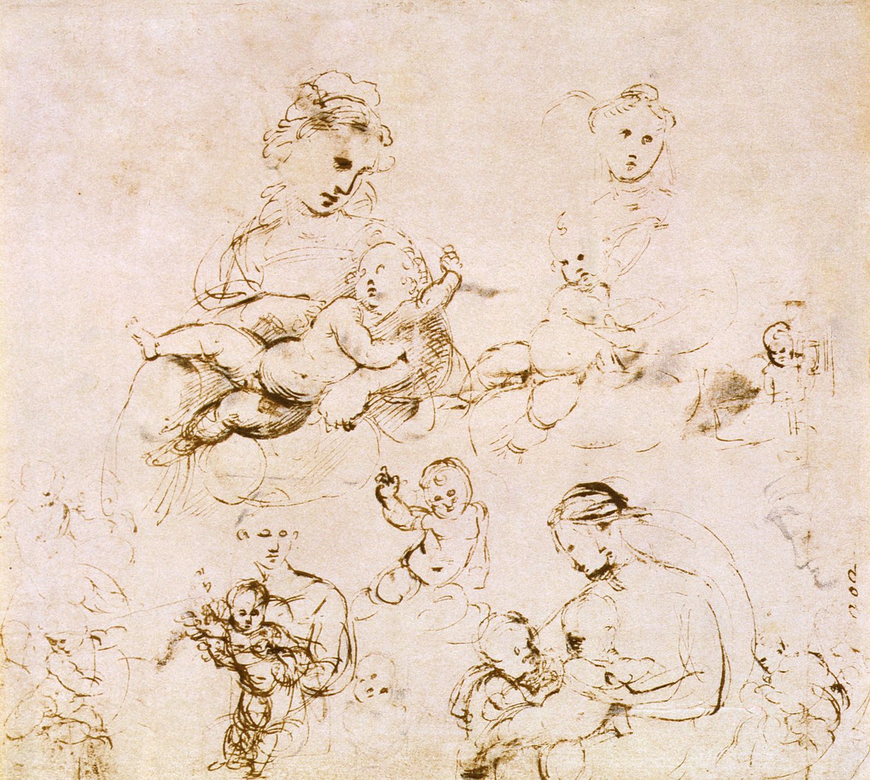 Flera studier av en Madonna och ett barn (penna och bläck) av Raffaello Sanzio Raphael
