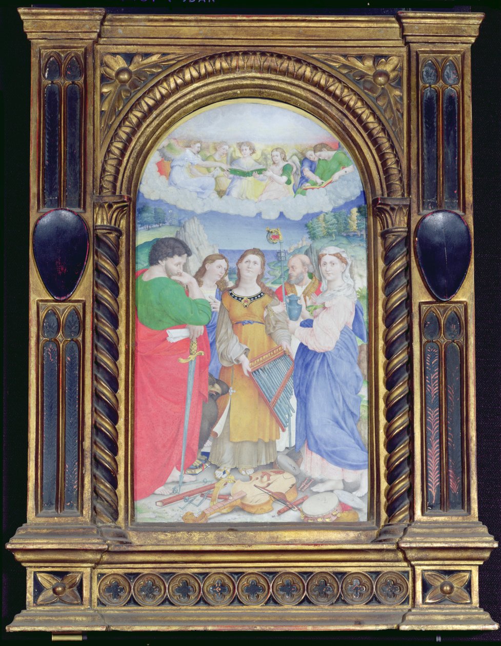 St. Cecilia omgiven av St. Paul, St. Johannes Evangelisten, St. Augustinus och Maria Magdalena, (gouache på veläng) (se 182507 och 228955) av Raffaello Sanzio Raphael