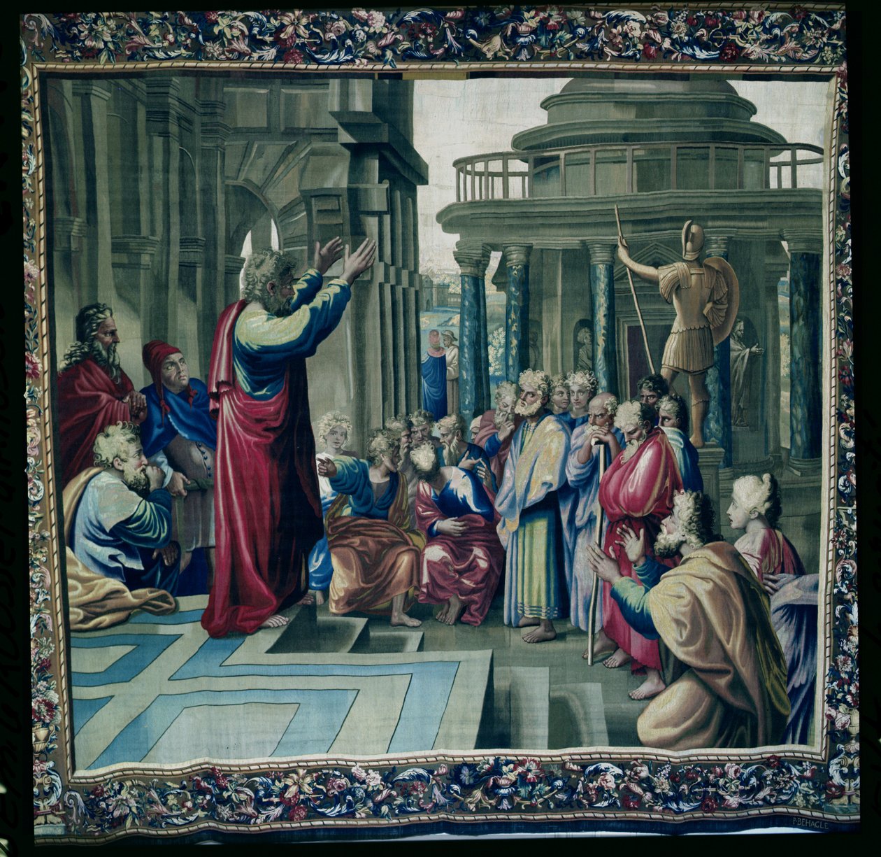 St. Paul Preaching at Areopagus, från en serie som skildrar Apostlarnas gärningar, vävd på Beauvais Workshop under ledning av Philippe Behagle (1641-1705) 1695-98 (ulltapet) av Raffaello Sanzio Raphael