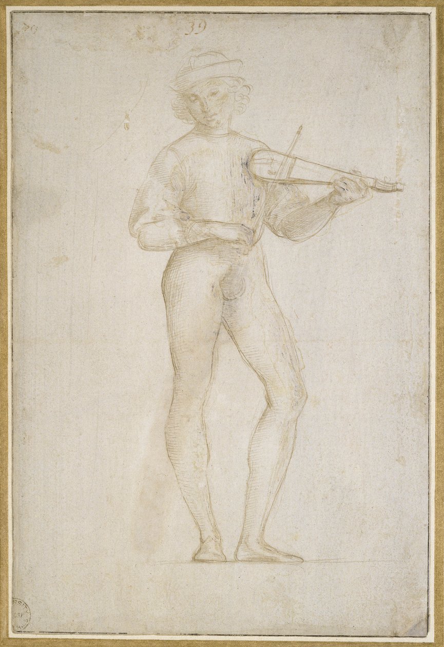 Studie av en ung man som gör musik (silverspets, förhöjd med kroppsfärg, på ett ljust stengrå preparat) av Raffaello Sanzio Raphael