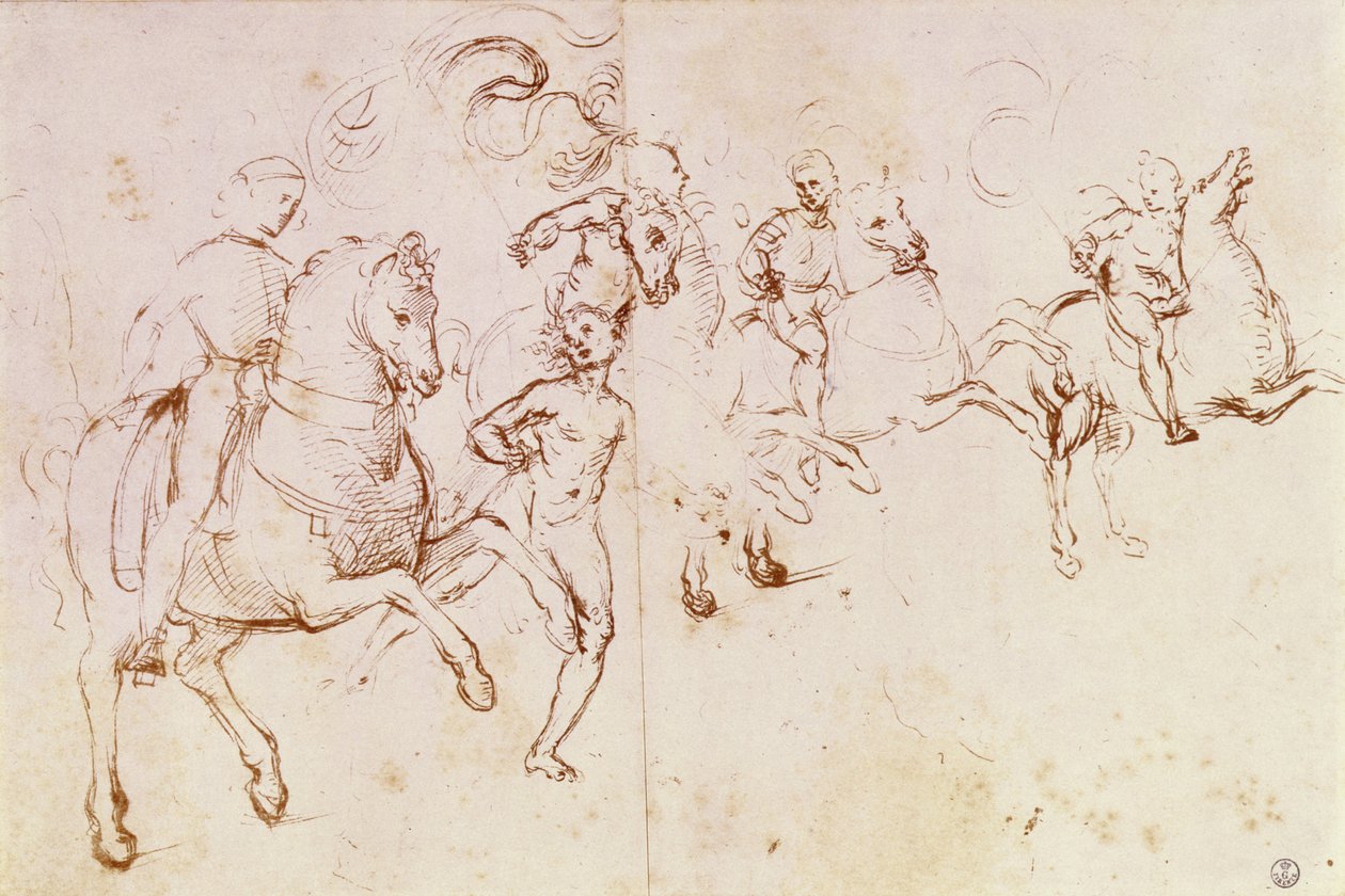 Studie av fyra ryttare och en naken man för en "Sacre Conversazione" (penna och bläck) av Raffaello Sanzio Raphael