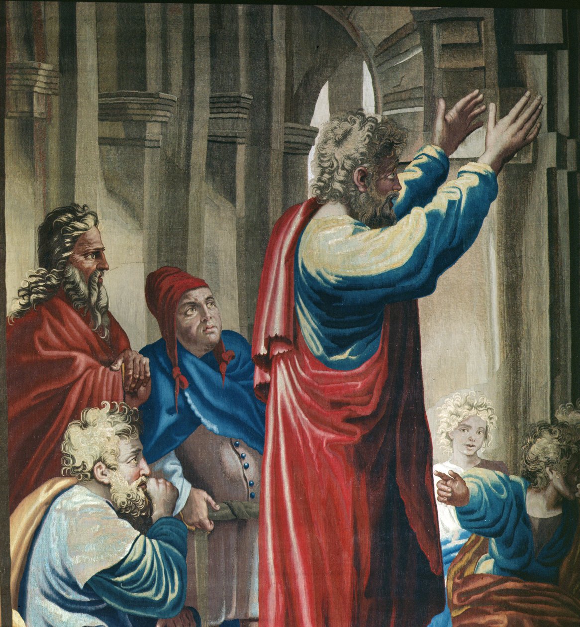 Gobeläng som föreställer Apostlagärningarna, Sankt Paulus predikar för den helige Paulus Areopagus detalj, vävd på verkstaden i Beauvais under ledning av Philippe Behagle 1641-1705, 1695-98 ull av Raffaello Sanzio Raphael