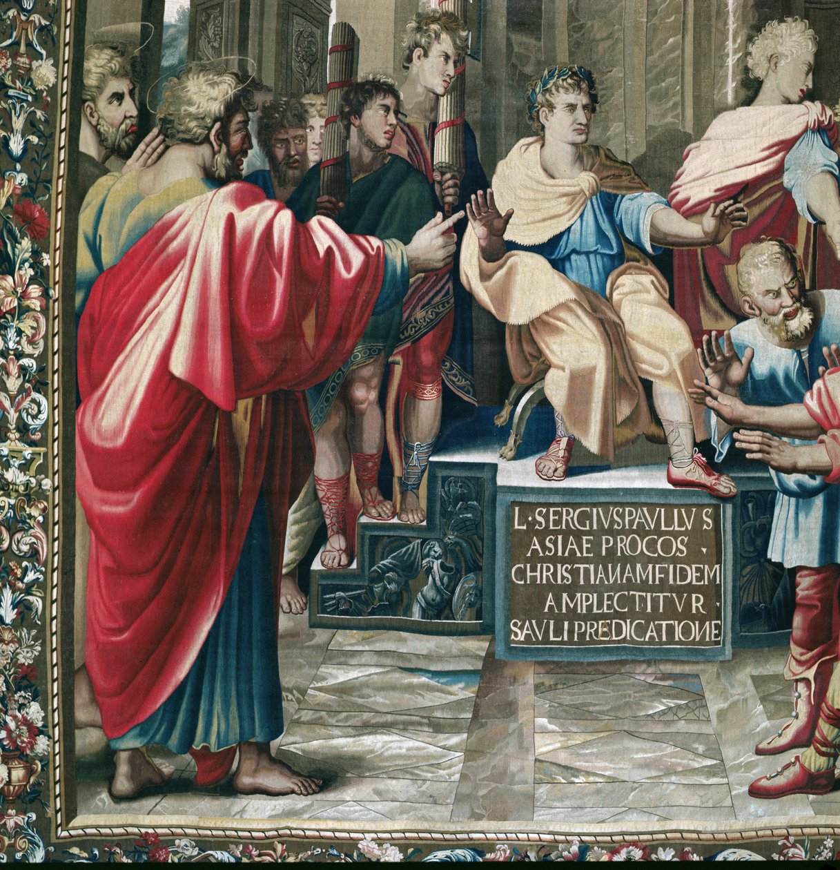 Gobeläng föreställande Apostlagärningarna. The Blindness of Elymas detalj av Saint Paul och den romerske prokonsuln Sergius Paulus, vävd på Beauvais Workshop under ledning av Philippe Behagle av Raffaello Sanzio Raphael